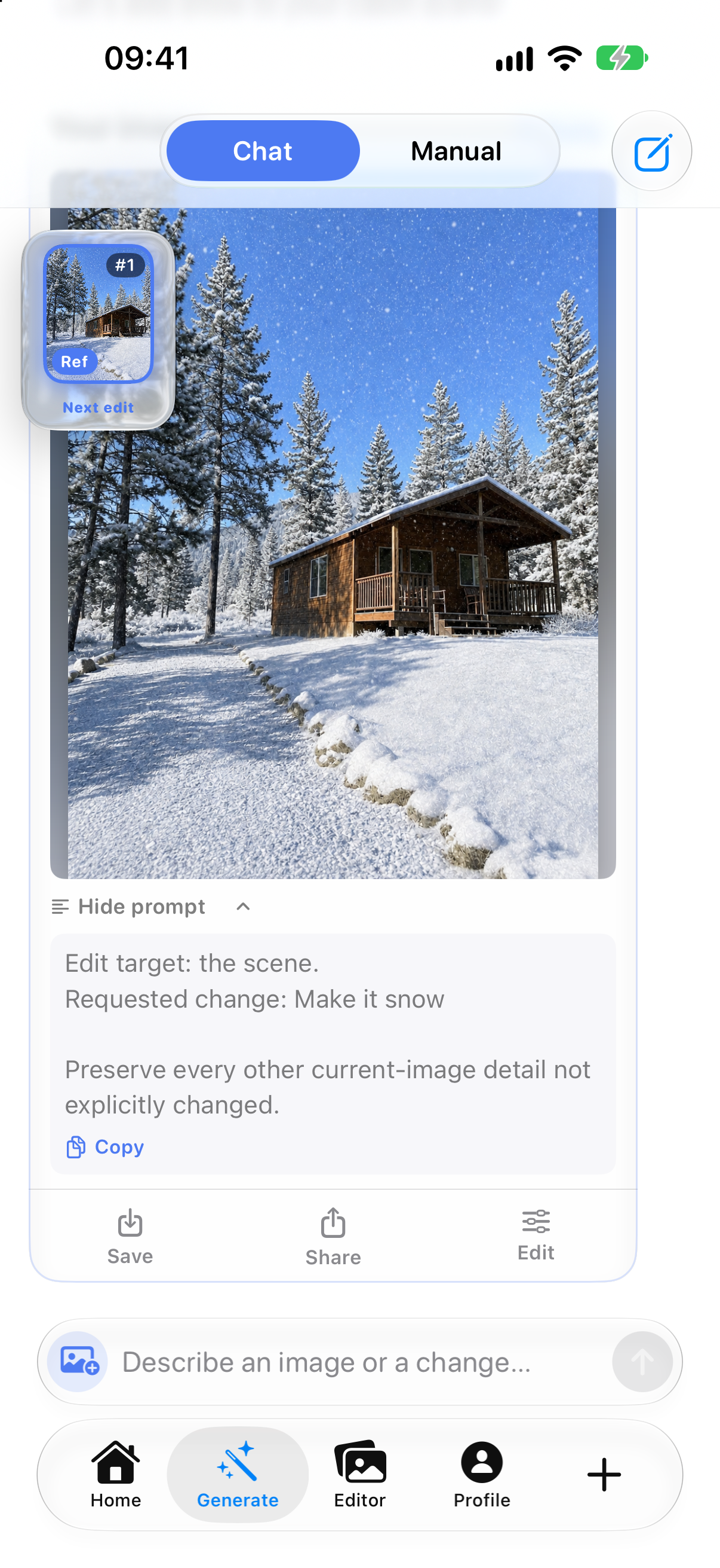Lumia-Chat-Ergebnis mit ausgeklappter Anweisung Make it snow